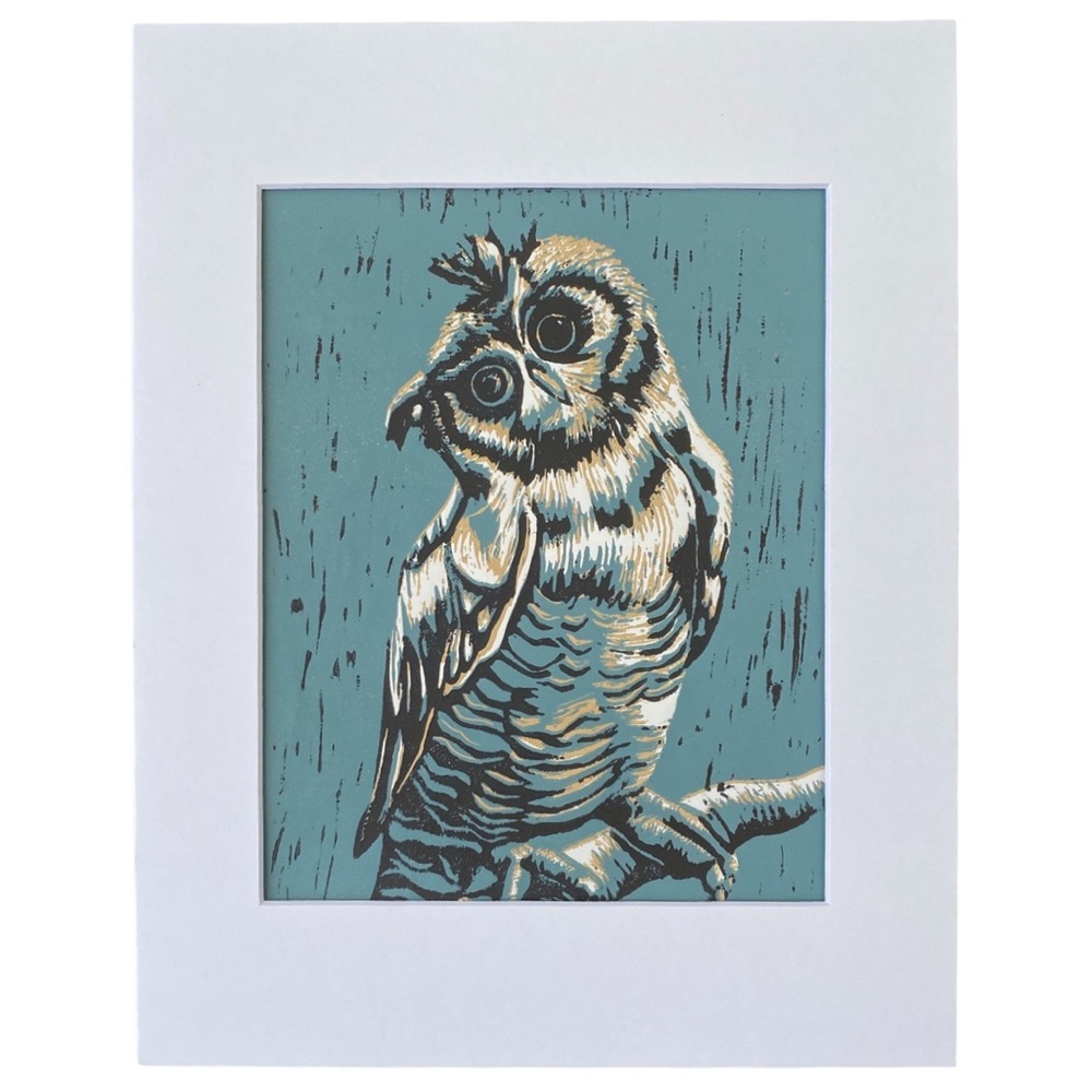Owl Art Hand Printed Linocut Owl Reduction Print Woodland Animal Art Matted